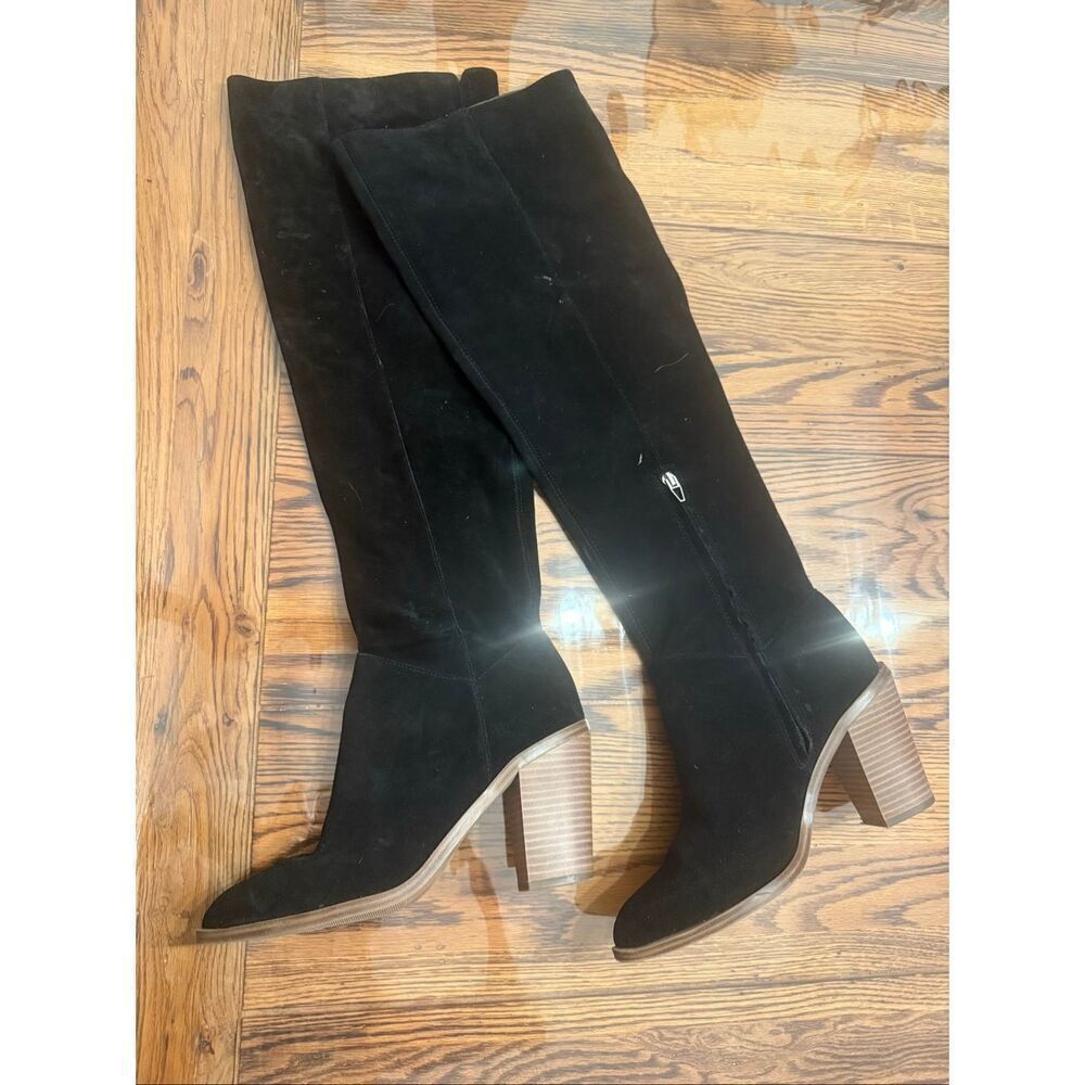 BP Black Lea Leather Over Knee High Chunky Blocked Heeled Boots Size 8.5 - Picture 3 of 6